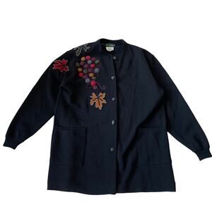 Harve Benard Wool Sweater Jacket Applique Leaves Grapes Vintage 80s Black L GUC
